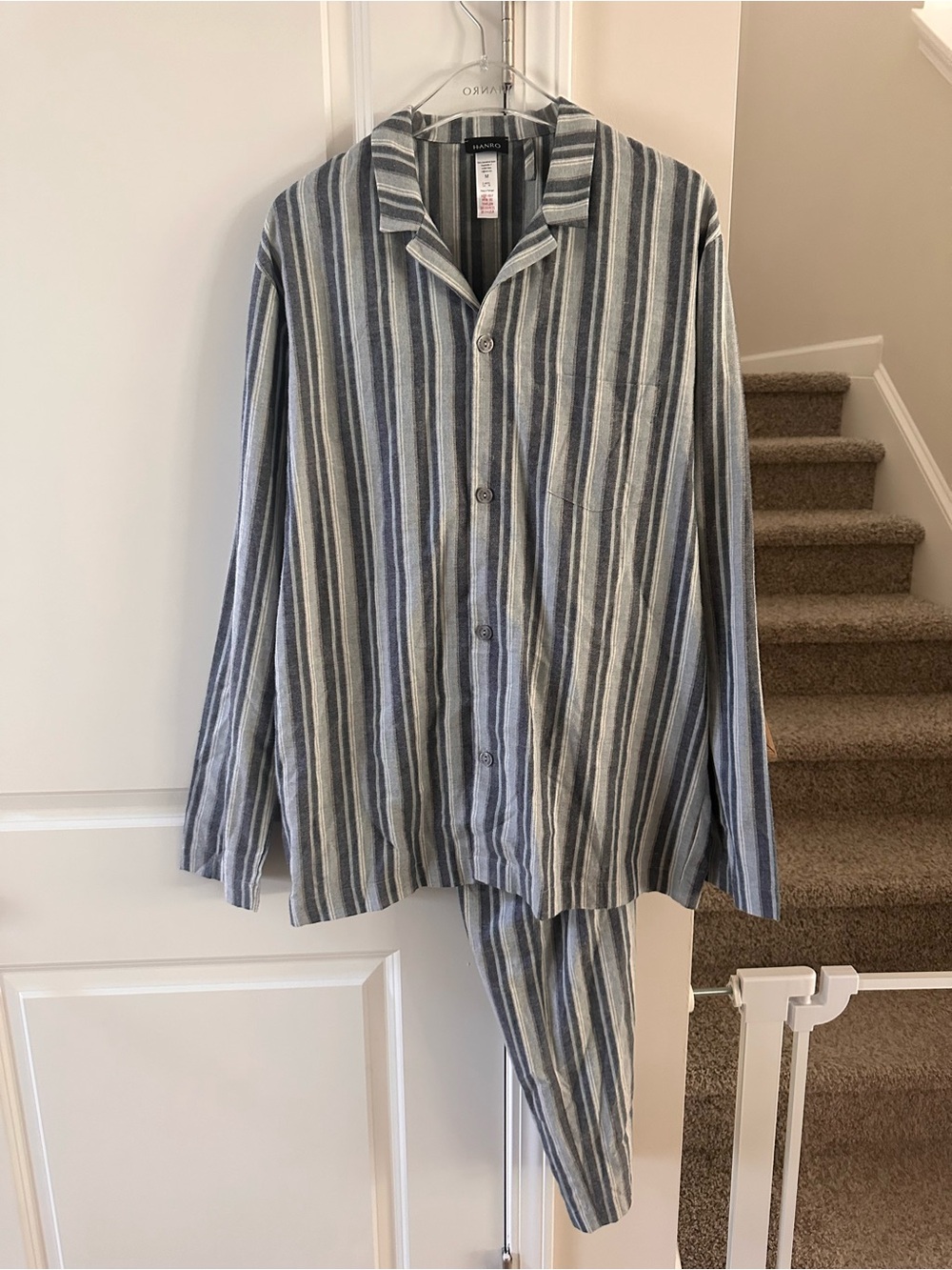 HANRO Men’s Cotton Pajama Set Size M – Gray Striped – Long Sleeve
